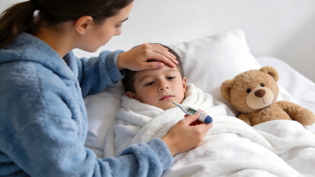 Woman checking fever of sick child