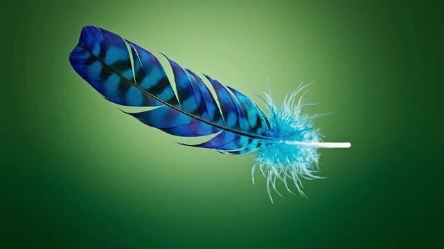 A vibrant blue feather with delicate wispy strands at its base, isolated on a soft green gradient background, showcasing intricate patterns and colors