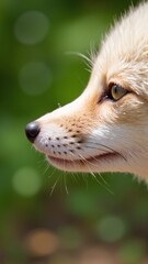 Fototapeta premium Golden fox in profile, calm and alert. Soft fur, sharp eyes, subtle whiskers. Nature's quiet beauty, captured in detail. Bright green background softly blurred. Wild creature, stillness, serene focus