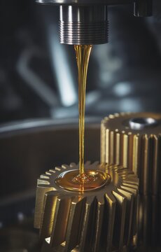 oil being poured onto the interlocking teeth of two polished gold gears