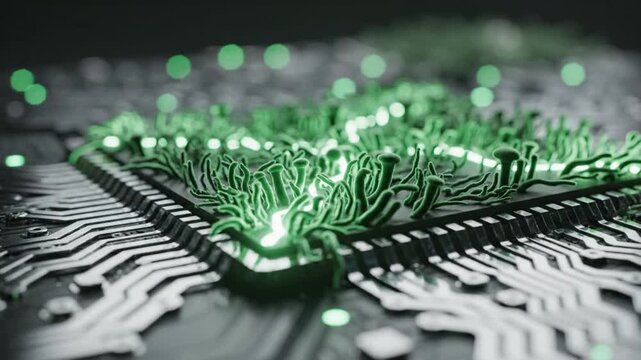 Digital nature taking root on a microchip, symbolizing the fusion of technology and the environment