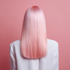 Naklejka premium Woman standing with her back to the camera, showcasing sleek, straight, long pink hair with an elegant blunt cut, highlighting modern beauty and hair care