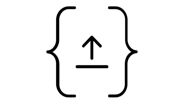 Minimalist black line vector icon illustration of a mathematical factorial or programming symbol featuring curly braces and an upload arrow, perfect for coding, math, science, and tech designs.