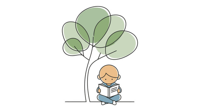 Boy sitting reading book outside.