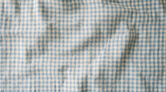 Wrinkled blue and white gingham checkered cotton fabric texture