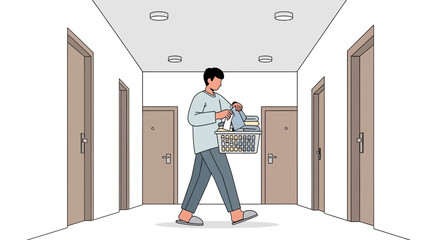 Fototapeta premium Man carrying groceries in a shopping basket down a hallway with apartment doors