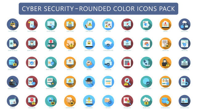 Cyber Security rounded color icons pack. contain access control, biometric, privacy, certificate, database, protection, defense and more. Icon button for UI or UX kit, web and app development.
