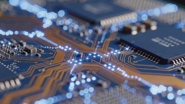 Close-up view of a sophisticated electronic circuit board with glowing blue pathways and complex microchips, showcasing advanced technology and intricate digital connections