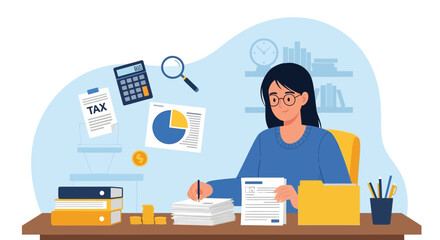 Naklejka premium Accountant Working with Tax Documents and Financial Charts at Desk