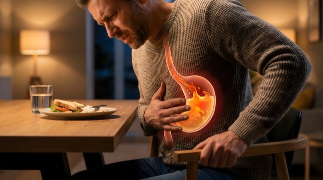 Man Suffering from Severe Stomach Pain After Eating with Burning Gastric Anatomy Overlay