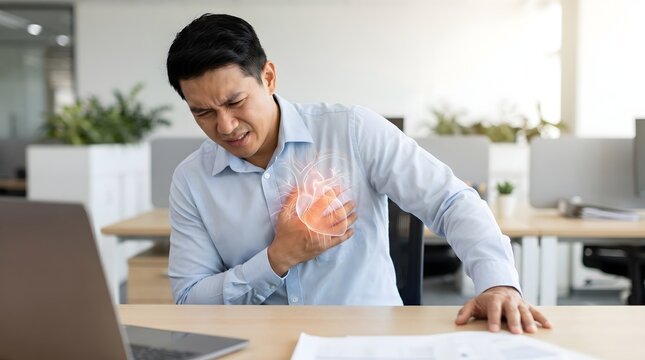 Asian Office Worker Suffering Chest Pain at Desk with Heart Anatomy Overlay