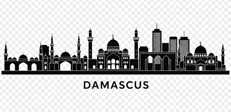 Black silhouette of damascus city skyline with mosques and buildings