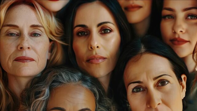 A diverse group of six women with different hair colors and skin tones looking at the camera.