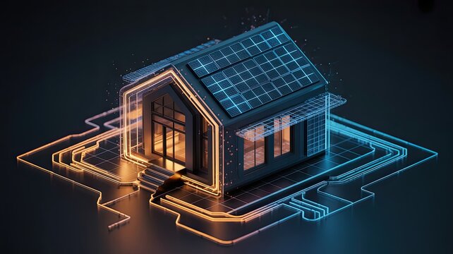 Smart Home Technology Concept with Solar Panels and Glowing Digital Circuitry Lines