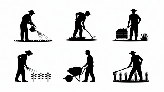 Agriculture Work Scene Silhouettes &ndash; Farming Activities and Crop Care Collection