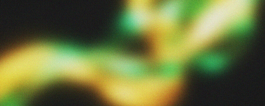 Abstract Green and Gold Neon Light Waves with Grainy Texture on Black Background