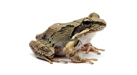 Obraz premium Common wood frog or brown forest frog isolated on white background. Amphibian side view for nature education, wildlife conservation, ecosystem studies, and biology textbook illustrations