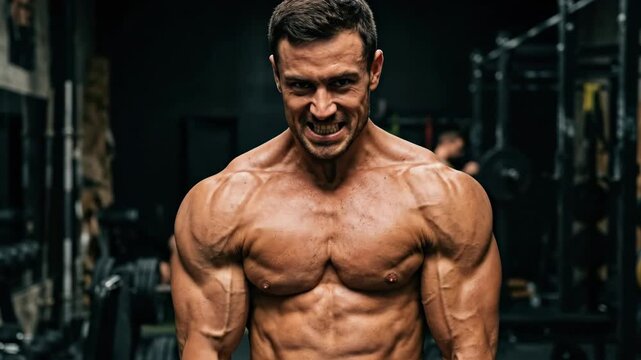 The muscular torso of a fitness model in profile, arm raised to flex a defined bicep, natural skin texture, confident smile, controlled studio lighting, strong athletic atmosphere, ultra-realistic, no