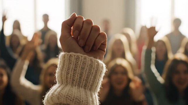 Raised fist of person standing before a blurry crowd