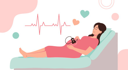 Obraz premium Pregnant Woman Relaxing During Fetal Monitoring, Heartbeat Line and Hearts