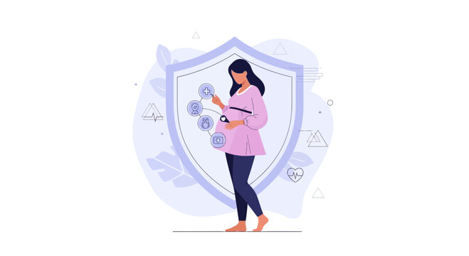 Pregnant Woman Protected by Shield, Health Insurance, Maternity Care Concept