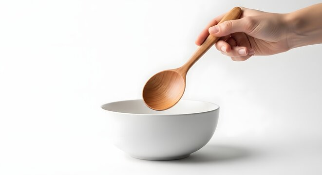 Close Up of Hand Holding Wooden Spoon Over White Bowl in Minimal Kitchen Scene