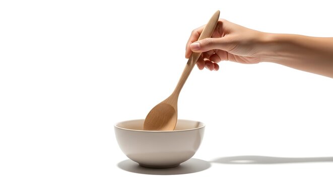 Minimal Cooking Scene with Hand Holding Wooden Spoon Above Small Bowl on White Background