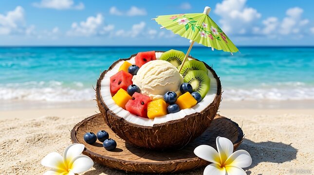 Es Krim Buah Tropis dalam Kelapa di Pantai Berpasir dengan Laut Biru Jernih