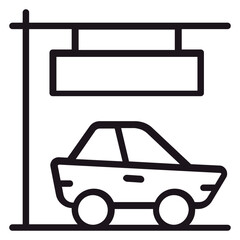 Minimalist black line vector icon of a car parked in a designated spot under a hanging sign, representing a parking lot or parking space, perfect for transportation and urban design graphics. © Ekha