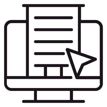 Black vector icon illustration of a computer monitor screen displaying a skyscraper building with a mouse cursor pointer, representing online real estate search, digital property management.