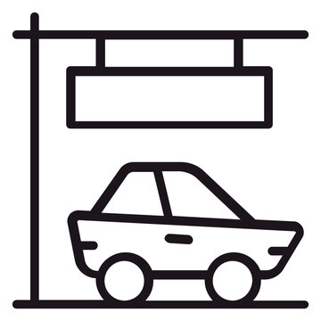 Minimalist black line vector icon of a car parked in a designated spot under a hanging sign, representing a parking lot or parking space, perfect for transportation and urban design graphics.