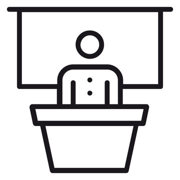 Minimalist black line vector icon of a speaker or presenter standing at a podium with a presentation screen behind them, ideal for business seminars, educational lectures, and public speaking.