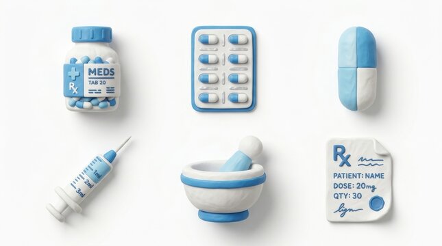 Different Types of Medicine and Health Supplies Arranged on a Flat Surface With Bright Colors and Simple Shapes Showcasing Healthcare Items