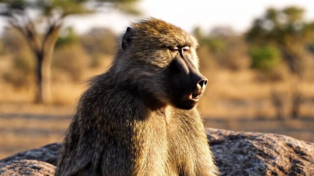 A thoughtful baboon, bathed in the golden light of sunset, rests peacefully on a rugged rock formation, observing its wild African savanna home with a calm and serene expression