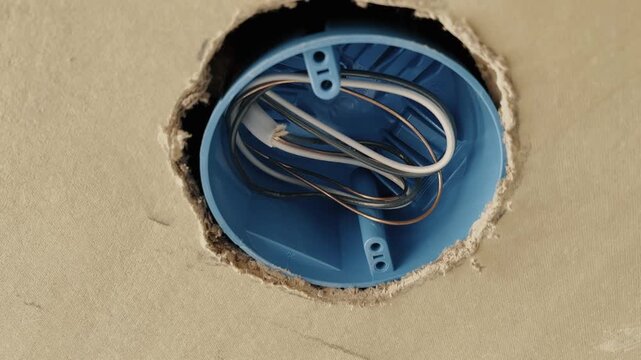 Blue electrical junction box in a wall or ceiling opening with exposed wires, unfinished interior during construction.