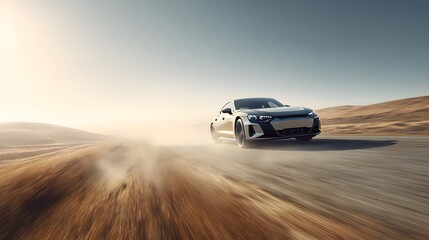 Fototapeta premium Dynamic White Sports Car Speeding on Desert Road with Motion Blur and Barren Landscape Background