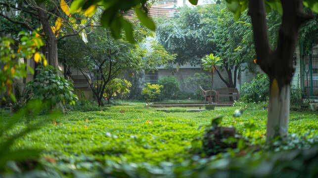 Eid home garden with green trees and family reconnection - grey, brown, green colors 85mm lens