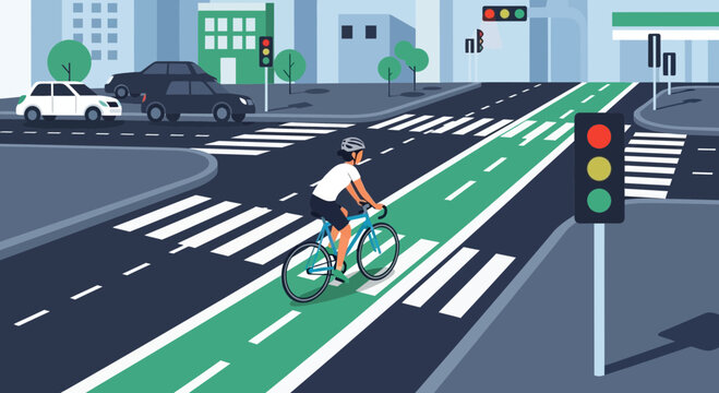 Cyclist riding on dedicated green bike lane in urban city intersection with traffic lights and crosswalk