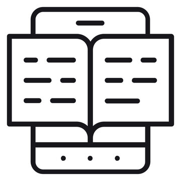 Minimalist black vector icon illustration of an open book on a smartphone screen, representing e-books, digital reading, online education, mobile learning, electronic library, and study apps.
