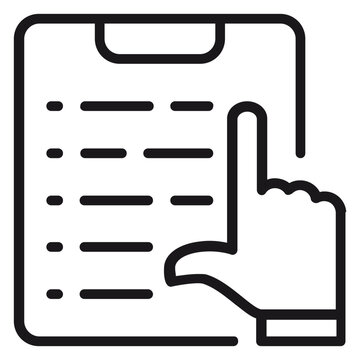 Minimalist black vector icon illustration of a hand pointing to a specific item on a checklist clipboard, representing task management, survey completion, or selection process on white background.