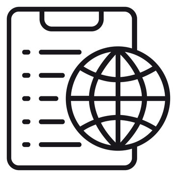 Global report vector icon featuring a clipboard with a list and a globe symbol. Minimalist black line illustration for international business, logistics, world data, and global standards.