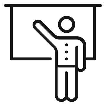 Minimalist black vector icon illustration of a teacher or presenter standing in front of a whiteboard or projection screen, pointing at information during a lecture, seminar, or business meeting.