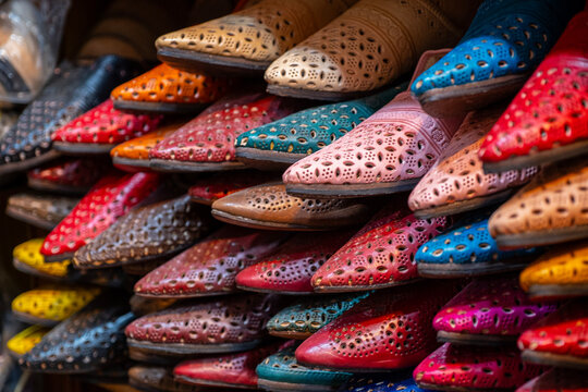 Close up of vibrant Moroccan leather babouche slippers with intricate perforated patterns stacked for sale on a wooden shelf in a bustling Fez market stall showcasing traditional craftsmanship
