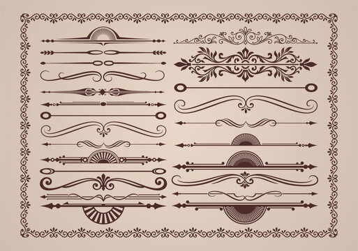 Decorative vintage page dividers and ornamental borders set for classic invitation design.