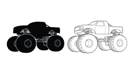 Detailed illustration of a monster truck shown with its black silhouette © Nazrul