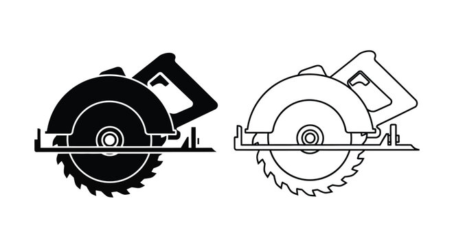 Two circular saws one solid and one outlined in a graphic silhouette