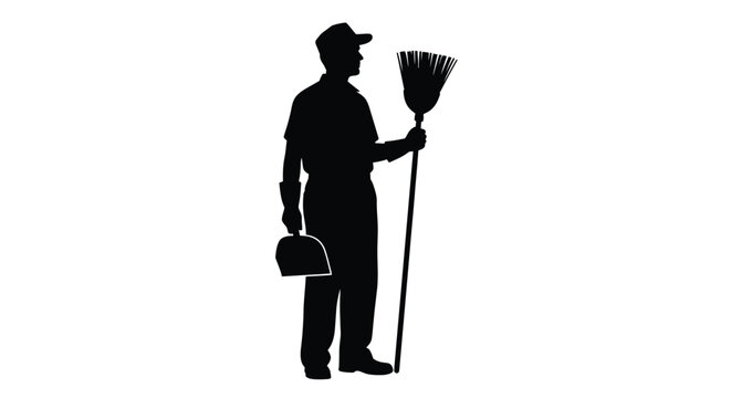 A street sweeper holding a broom and dustpan black silhouette