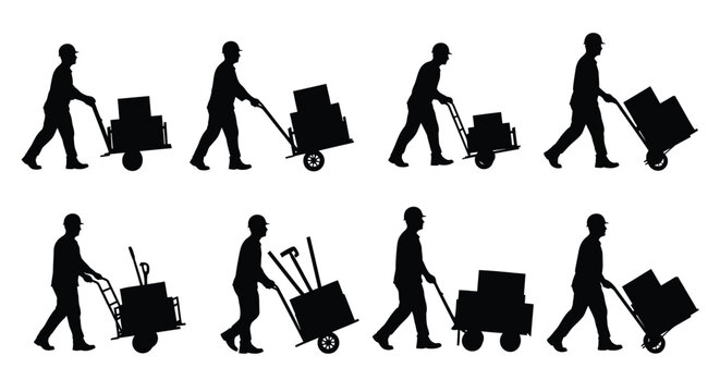 Workers pushing hand trucks and carrying loads a black silhouette