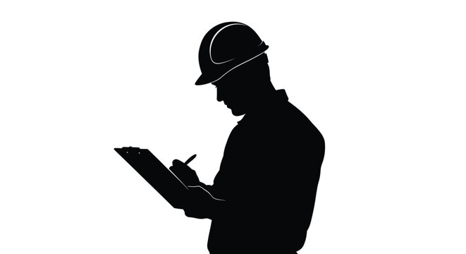Construction worker reviewing plans on a clipboard dark silhouette