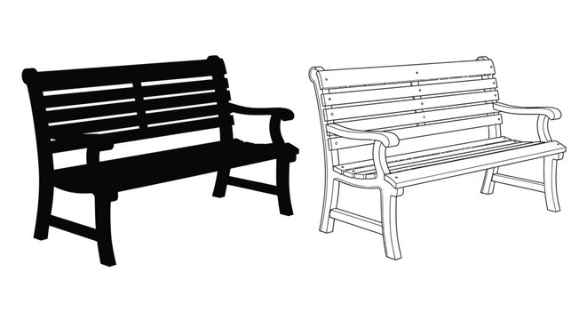 Two park benches one a solid black form depicted as a silhouette